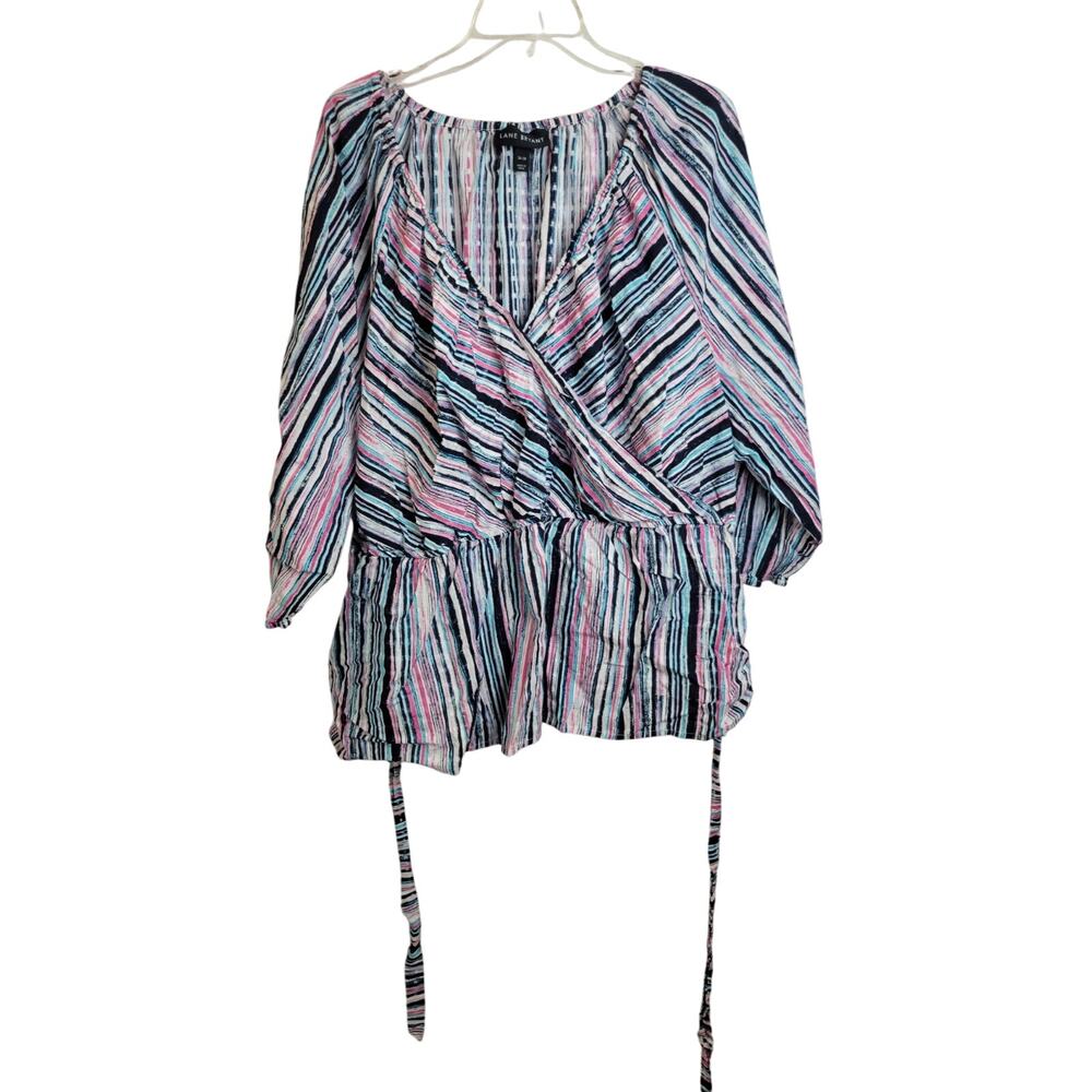Lane Bryant Blue Pink Striped Surplice Textured Faux Wrap Top Women's Size 26/28